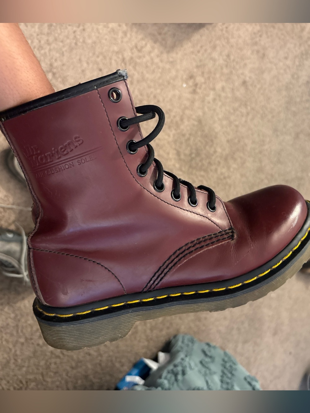 Dr. Martens Cherry Red Lace-Up Leather Boots with Yellow Stitching